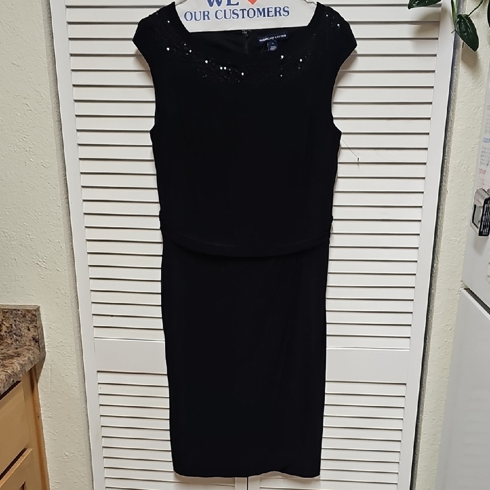 NWT American Living Black Sequin-Trim Cap-Sleeve Midi Dress Wrap Style Skirt 10 - Picture 1 of 10